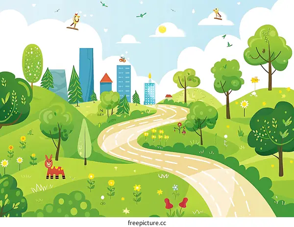 Colorful Illustration Of A Winding Road In A Green Landscape