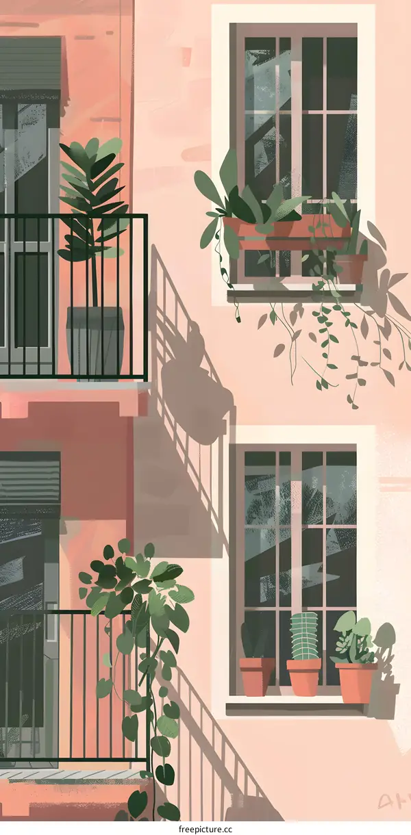Pink Building with Plants and Windows