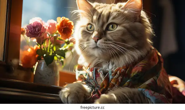 A cute cat wearing a floral shirt sits next to a vase of flowers