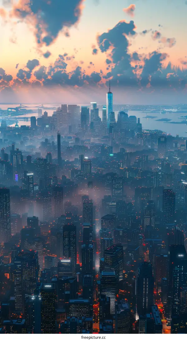 Aerial View of Futuristic Metropolis at Dawn