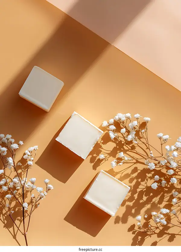 Minimalist Composition with White Soap Bars and Baby Breath Flowers on Orange Background