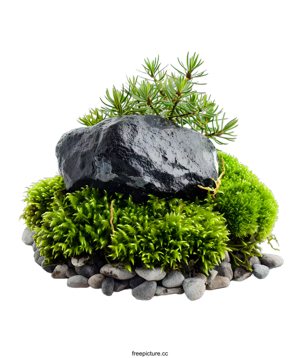 [Transparent Background PNG]Green Moss and Rock on a White Background
