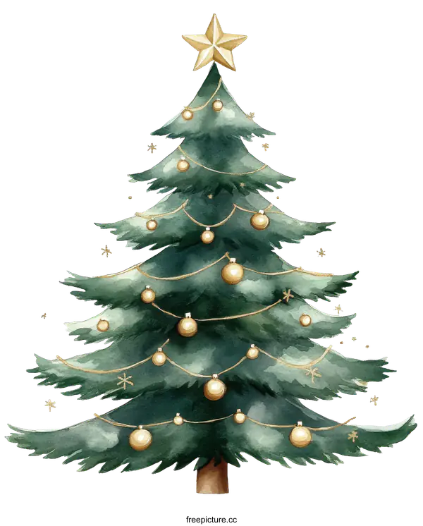 [Transparent Background PNG]Watercolor Christmas Tree Illustration with Gold Ornaments