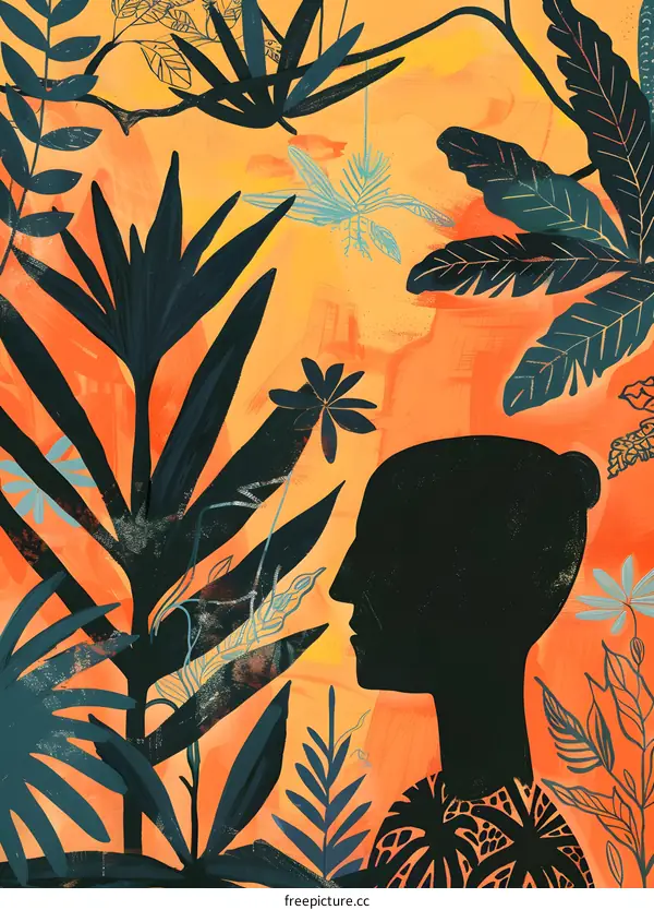 Woman Silhouette Tropical Leaves Background