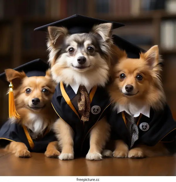 Three dogs in graduation caps and gowns