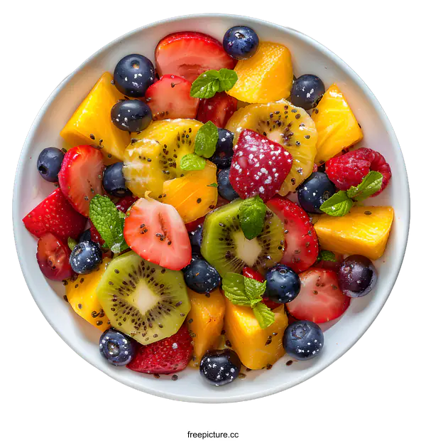 [Transparent Background PNG]Fresh and colorful fruit salad with strawberries, blueberries, mango and kiwi