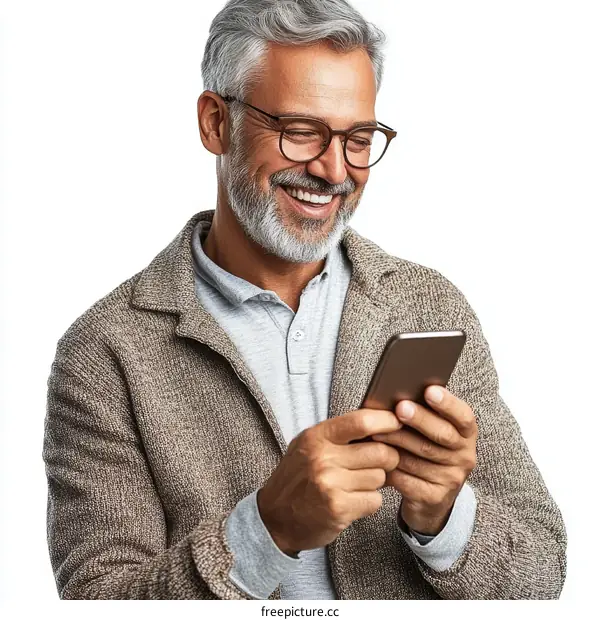 Smiling Man Using Smartphone