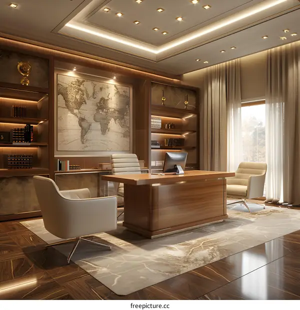 Luxury office interior with wooden desk and leather chairs