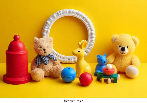 Colorful Childrens Toys on a Yellow Background