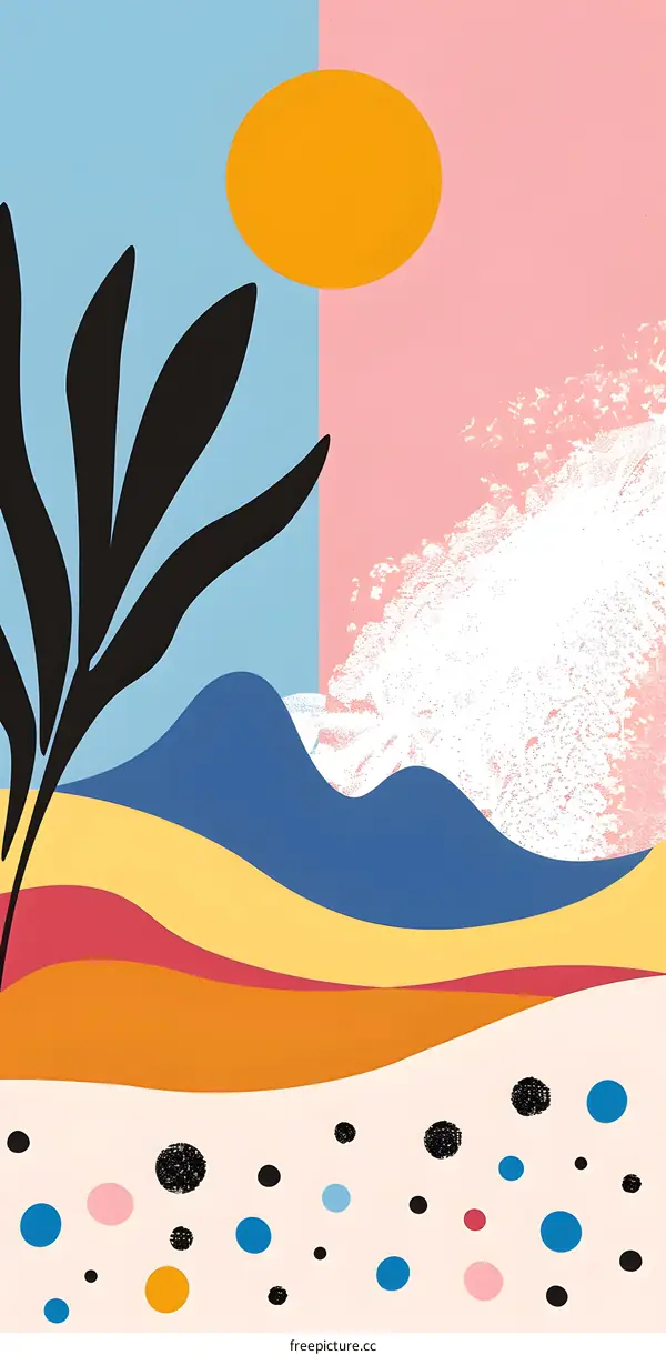 Abstract Art Print with Black Silhouette Plant and Sun