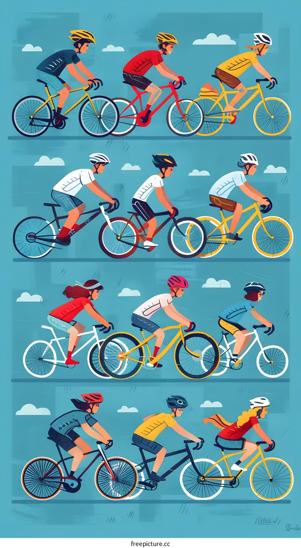 Illustration of People Riding Bikes in a Line