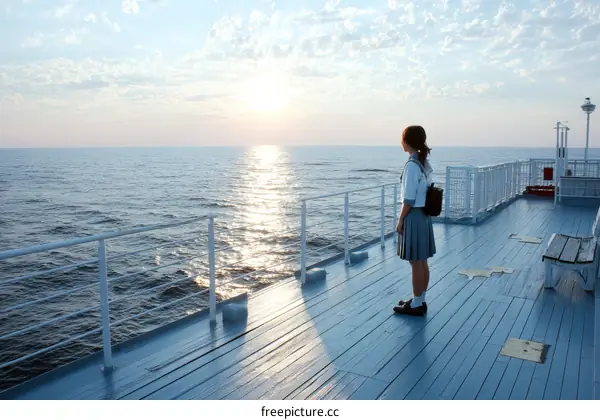 Sunset View on a Ferry Deck with a Girl