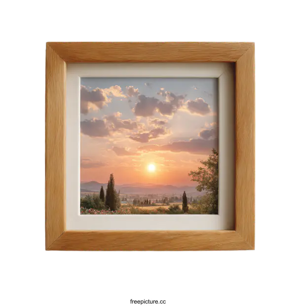 [Transparent Background PNG]Sunrise over Tuscany countryside landscape in wooden frame