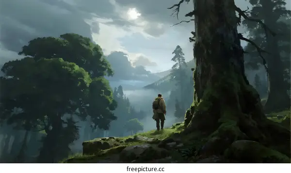 A Man Standing in a Misty Forest with Tall Trees and Sunlight