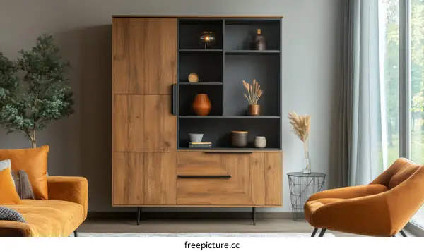 Modern Wooden Storage Cabinet in a Cozy Living Room