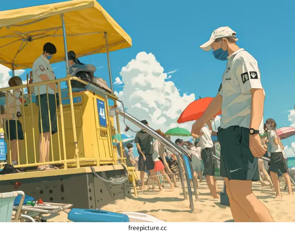 Lifeguards wearing surgical masks keep watch over a crowded beach.