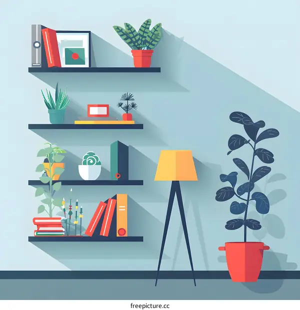 Flat Design Illustration of a Home Interior with Bookshelves, Plants and a Floor Lamp