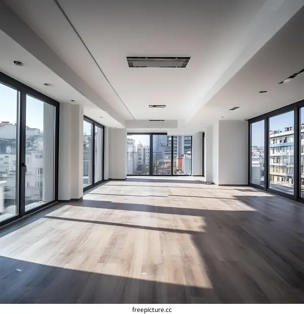 Empty Modern Office Space with Large Windows and City View