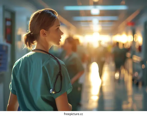 A female nurse is walking down a hospital hallway.
