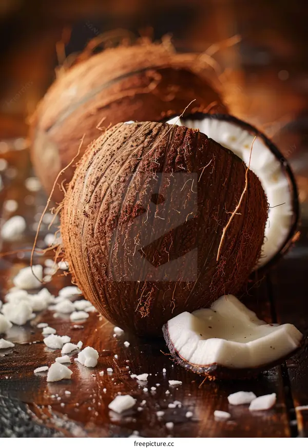 A coconut split in half with coconut flakes scattered on a wooden table