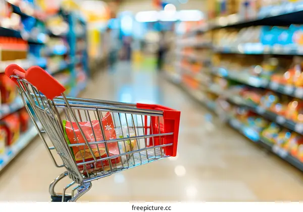 Shopping Cart in Supermarket Aisle