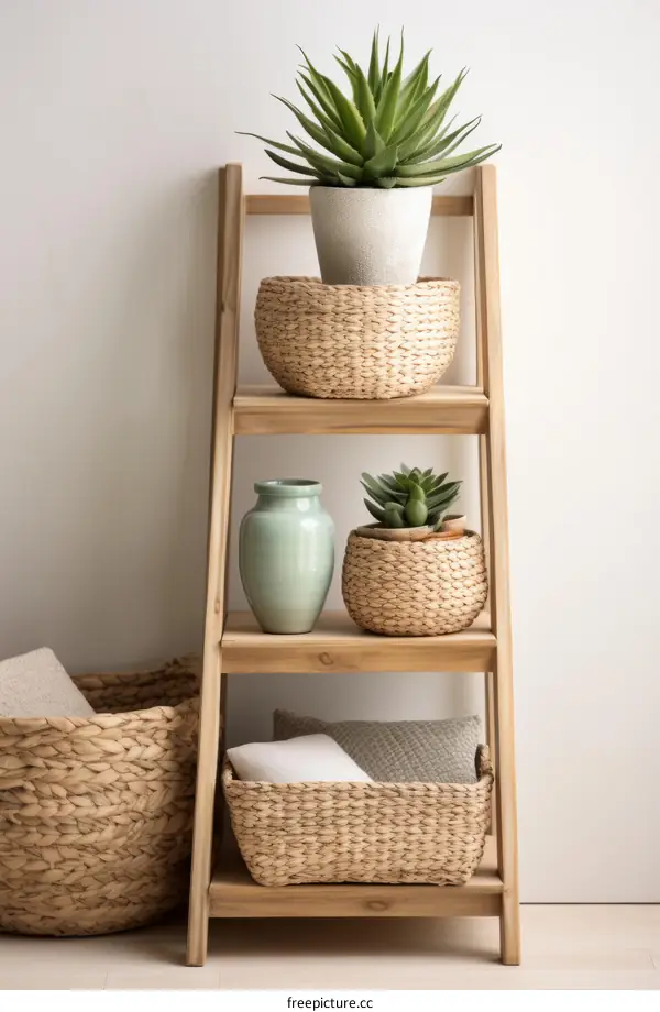 Natural home decor still life with a wooden shelf, a vase, a plant pot, and a blanket