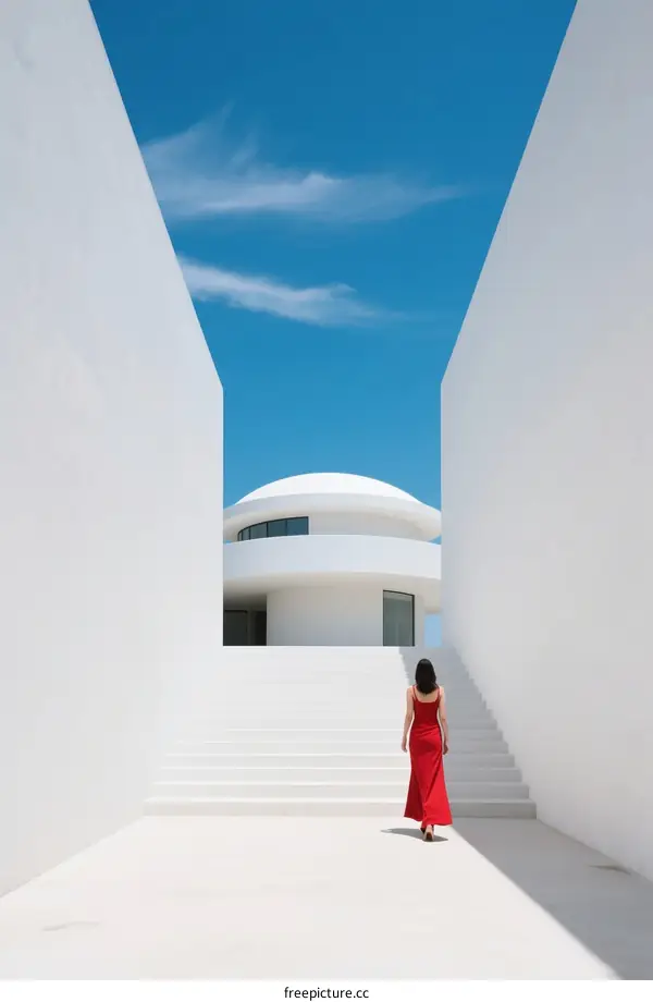 Modern white architecture with a woman in red standing in front