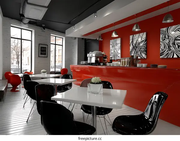 Modern Cafe Interior Design with Red Accents