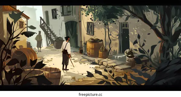 Two Men Standing in an Old European Village Street Scene