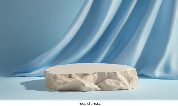 Light Beige Stone Product Display with Light Blue Drapery