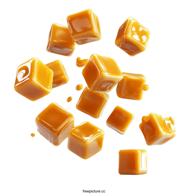[Transparent Background PNG]Caramel Cubes in Motion on White Background
