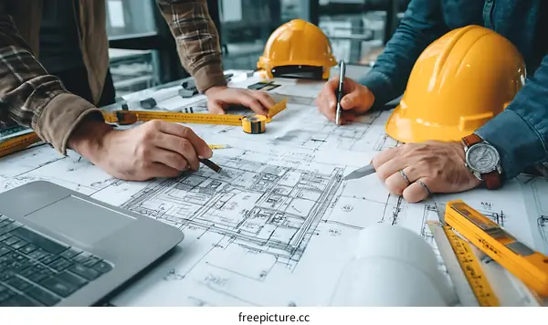 Construction Architects Working on Blueprint Plans