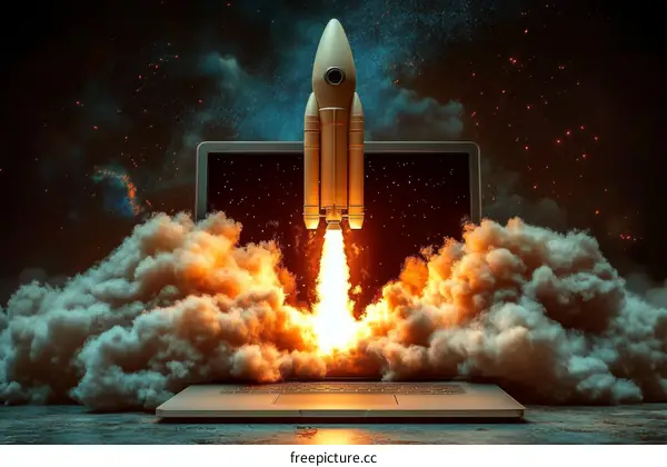 Rocket Launch from Laptop Digital Illustration