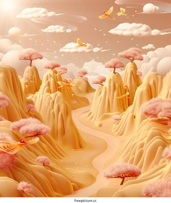 Abstract Landscape With Golden Mountains And Pink Trees