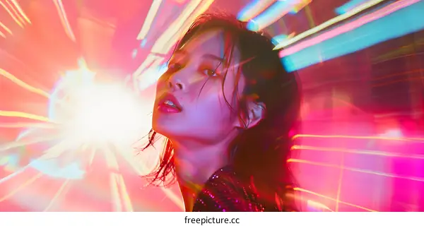 Neon Lights Portrait of a Woman in Pink