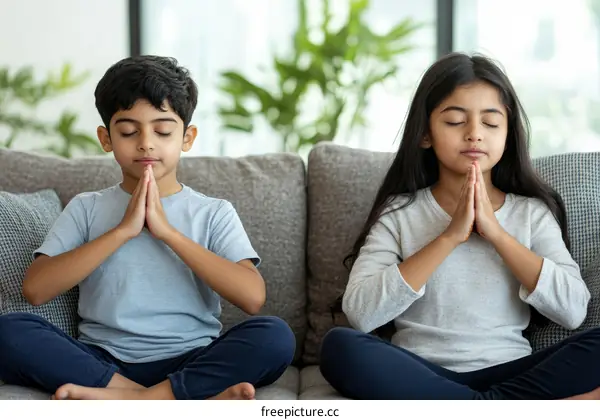 Two Children Meditating on a Couch