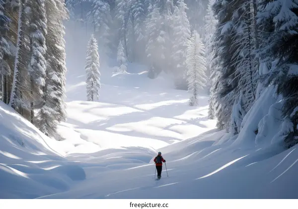 Cross-country skier in winter forest