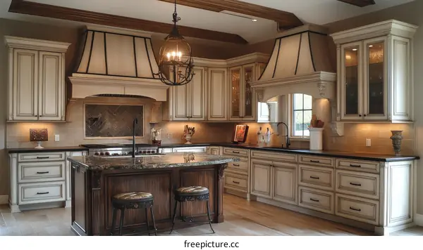 Elegant Vintage Style Kitchen Design with Wooden Island