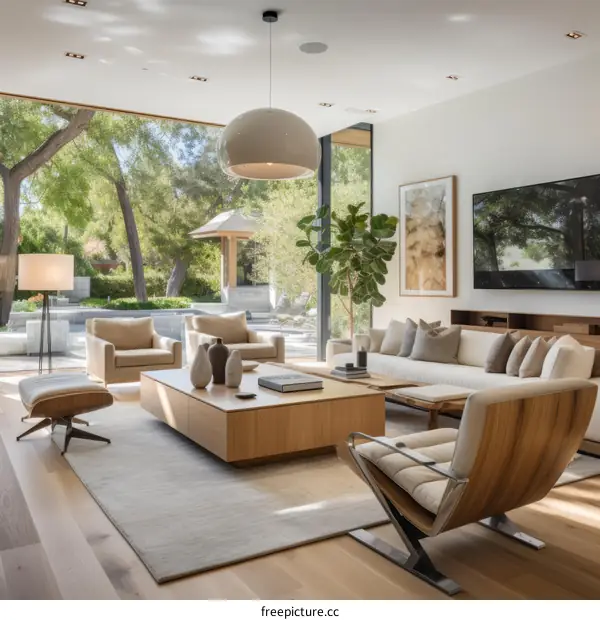 Bright living room with large windows and stylish furniture