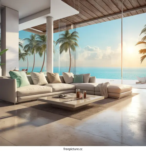 Modern beach house living room with amazing sea view
