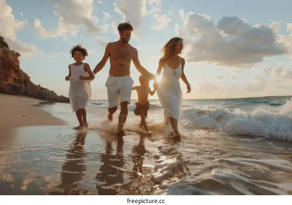 Family of four walking on the beach at sunset