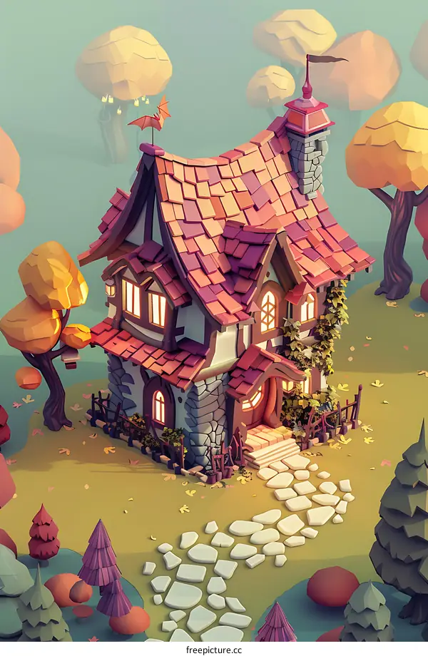 Low Poly Cartoon Style Cottage In The Woods