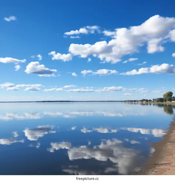 Blue sky and white clouds reflected on the lake