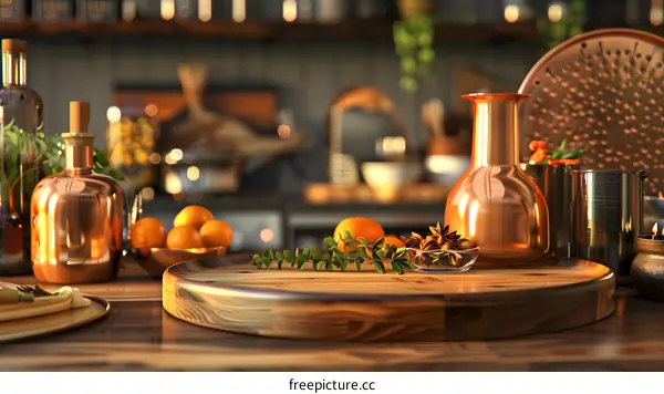 Copper Kitchen Decoration with Wooden Tray
