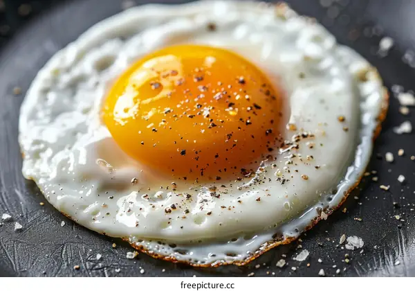 Fried egg with runny yolk on a frying pan