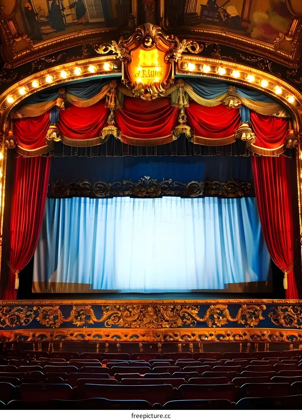 Ornate Stage Curtains with Golden Trim and Red Velvet
