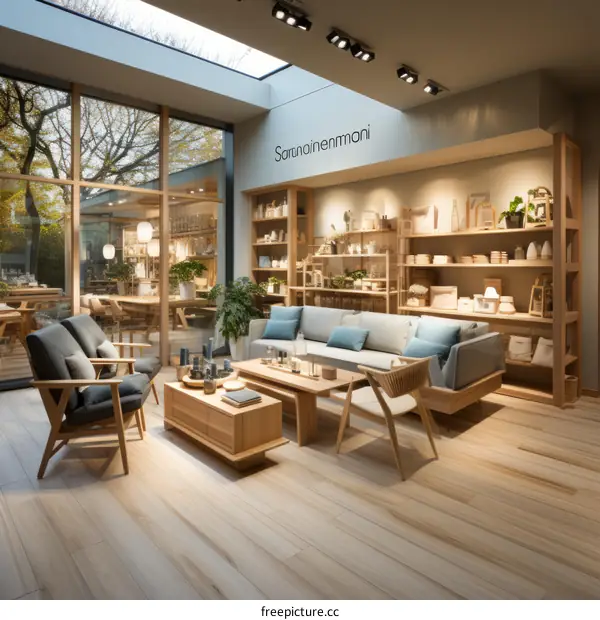 A living room with a large window, wooden furniture, and a gray sofa