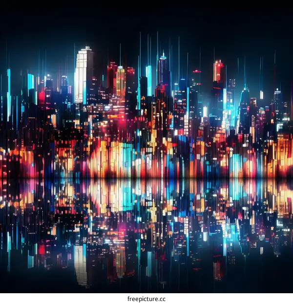 Vibrant City Lights: Digital Artwork of Urban Nightlife with Skyscrapers
