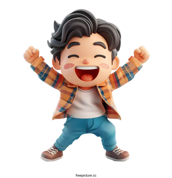 [Transparent Background PNG]Happy Cartoon Boy in Plaid Shirt and Jeans