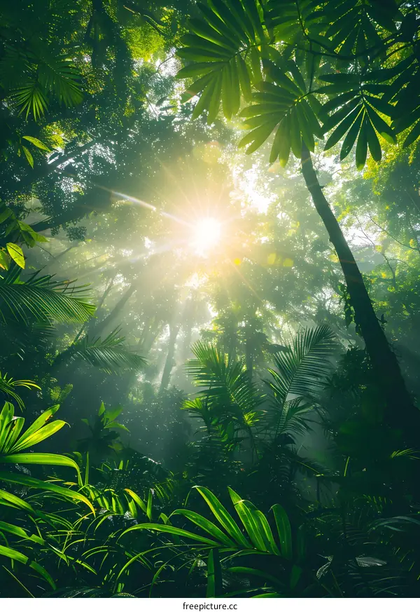 The sun shines through the jungle canopy